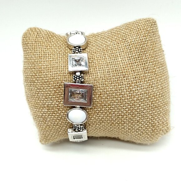 Lia Sophia Clear Cut Crystals Mother of Pearl Textured Links Rhodium Bracelet - Picture 8 of 14